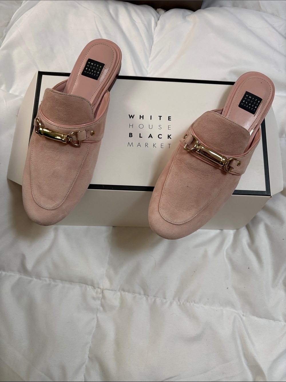 White House Black Market Blush Pink Suede Backless Loafers with Gold Hardware